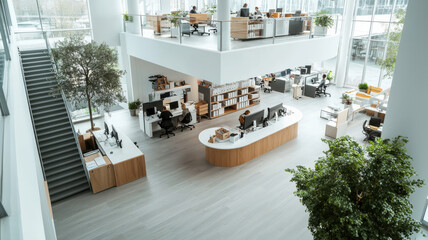 Poster - Modern office interior with open workspace, desks, and greenery