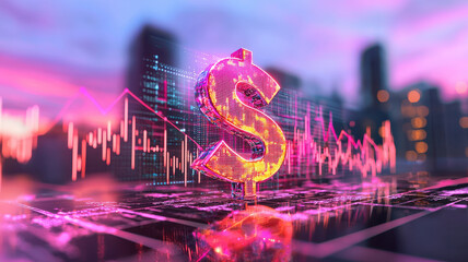 Poster - Digital dollar symbol with stock market graphs in background, vibrant colors