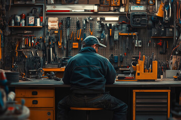 Poster - Welder enjoying a moment of reflection in a bustling workshop