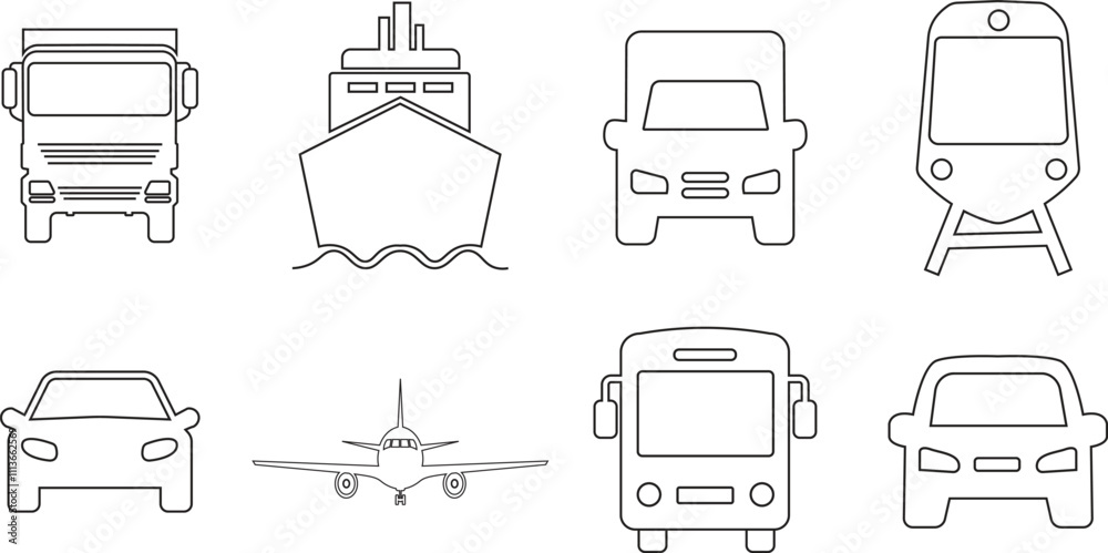 Commuter icon set. Traffic busy road black line vector collection ...