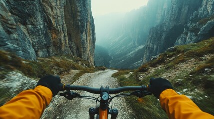 Aufkleber - Cycling down a narrow, winding path surrounded by steep cliffs and mist-covered valleys. The rider experiences an adventurous descent, capturing the thrill of nature's beauty and rugged terrain.