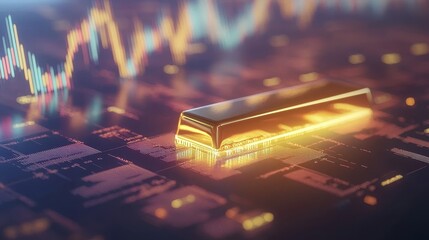 Poster - A digital rendering of a gold bar resting on a circuit board, symbolizing the intersection of finance and technology.