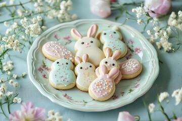 Wall Mural - bunny shaped sugar cookies on a pastel plate