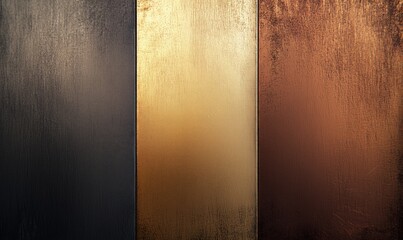 Poster - Metallic textures: black, gold, copper panels with smooth finish, reflecting light, rich colors, modern design