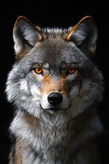  Majestic Wolf Portrait with Amber Eyes in Dramatic Chiaroscuro Lighting