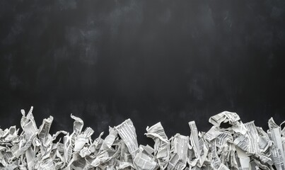 Poster - Crumpled newspaper on black background, scattered texture, monochrome, abstract composition