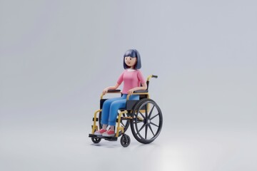Poster - A 3D cartoon girl sits in a wheelchair  smiling and looking to the side.