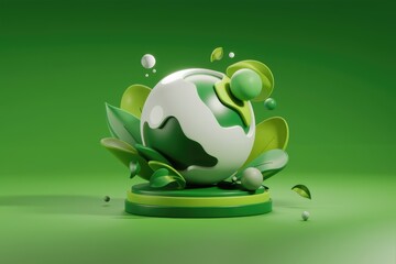 Poster - A 3D globe surrounded by green leaves on a green background.