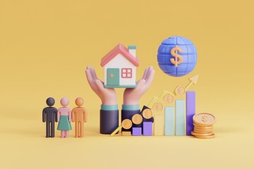 Poster - 3D illustration depicting real estate value increasing with global economy growth