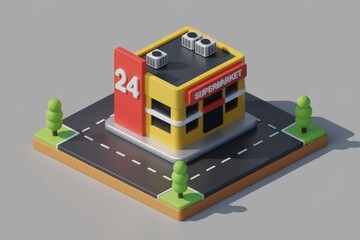 Poster - 3D isometric illustration of a supermarket building.