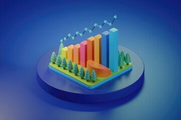 Poster - 3D illustration of a bar chart with trees on a blue background