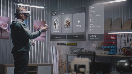 Fototapete - Modern workshop: Designer or artisan wearing virtual reality headset assembles chair using app with AI-based user interface. 3D visualization of holographic furniture. Augmented reality. VFX animation