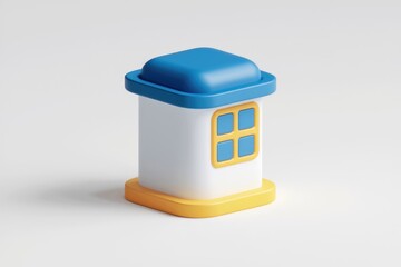 Aufkleber - A 3D rendering of a small white building with a blue roof and yellow base.