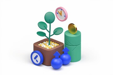 Poster - 3D illustration of plant  clock  coin  and arrows  representing growth and time.
