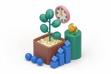 Poster - 3D illustration of plant growth  time  and increasing graph