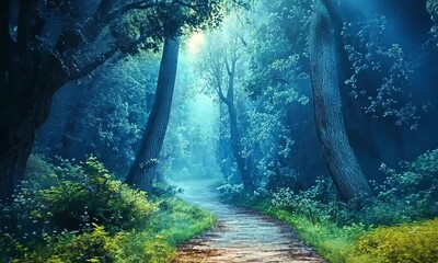 Wall Mural - mystical blue forest path