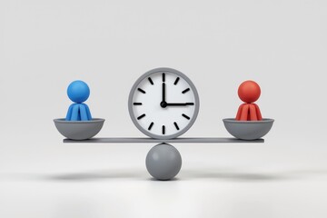 Aufkleber - Time is balanced on a scale with blue and red figures.