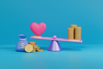 Poster - Heart and money on a seesaw  love vs wealth concept