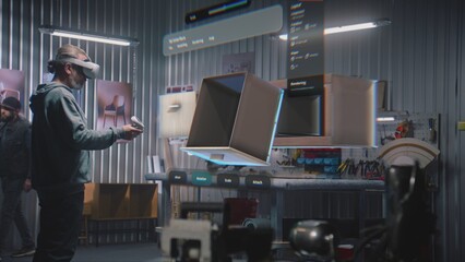 Fototapete - Modern workshop: Professional craftsman or designer wearing AR headset assembles shelf in virtual space using app with AI user interface. 3D animation of holographic furniture. Augmented reality.