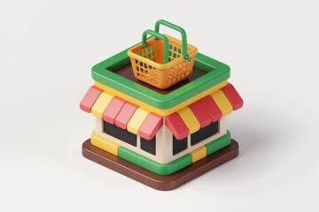 Poster - A 3D model of a colorful store with a shopping basket on top.