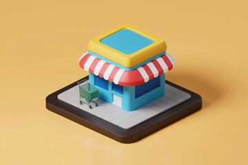 Poster - 3D illustration of a storefront with a shopping cart.