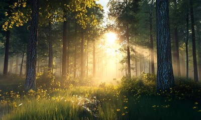 Wall Mural - sunbeams illuminate a misty forest path, wildflowers dotting the grassy ground