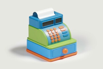 Poster - A colorful toy cash register with a drawer  buttons  and a display.
