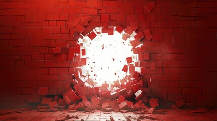 Poster - A mysterious white hole emerges through red ceramic bricks, scattering shards into the air with bright light.