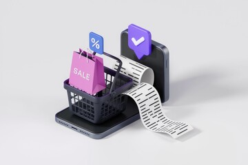 Poster - Shopping cart on phone with receipt  discount and checkmark.