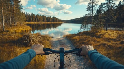 Aufkleber - Riding a bicycle along a gravel path by a tranquil lake surrounded by lush greenery and tall trees. The sun illuminates the scenic view, highlighting the peaceful atmosphere of the outdoor adventure.