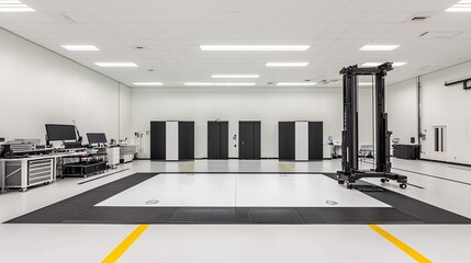 Poster - Advanced ceramics research in a high-tech laboratory, showcasing durability and strength under stress testing, modern manufacturing setup in the background