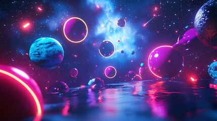 Wall Mural - abstract neon spheres and rings floating in a futuristic space landscape.