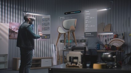 Fototapete - Modern workshop: Professional craftsman or designer in AR headset assembles chair in virtual space using software with AI-based user interface. 3D rendering of holographic furniture. Augmented reality