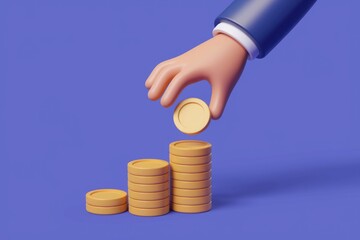 Poster - A 3D cartoon hand places a gold coin on a stack of coins.