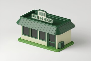 Poster - A 3D model of a small building with a green roof and a sign that says 'Open 24 Hours'.