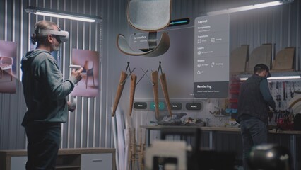 Fototapete - Modern workshop: Designer or artisan wearing virtual reality headset assembles chair using app with AI-based user interface. 3D visualization of holographic furniture. Augmented reality. VFX animation