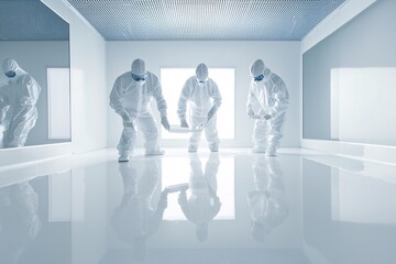 Poster - workers wearing protective gear applying resin to fiber layers during composite fabrication