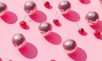 Poster - Disco balls and cherries on pink background, vibrant and playful arrangement, reflecting light, fun aesthetic