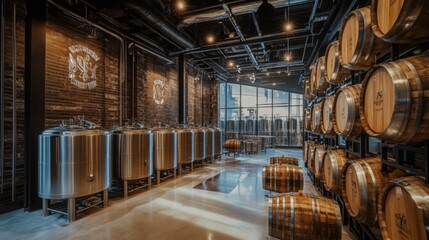 Aufkleber - This modern winery blends stainless steel fermentation tanks with oak barrels and large windows, filling the space with natural light for an inviting atmosphere.