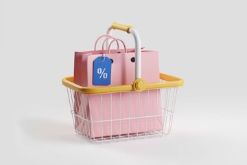 Poster - Pink shopping bags with a discount tag in a yellow shopping basket.