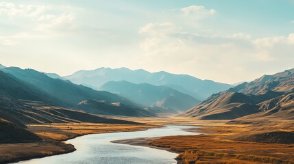 Poster - A winding river flows through a valley surrounded by majestic mountains.