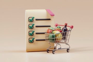 Aufkleber - A shopping list with check marks next to a shopping cart filled with groceries.