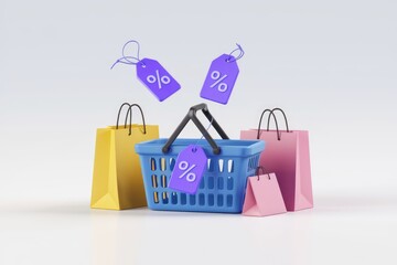 Poster - Shopping bags and a basket with discount tags.