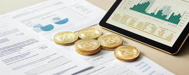 Poster - An image featuring financial documents, graphs, and gold coins, illustrating investment and cryptocurrency themes in a modern digital context.