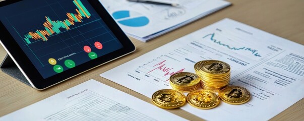 Poster - A digital tablet displays financial graphs next to documents and Bitcoin coins, highlighting cryptocurrency investment and market analysis.