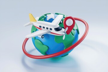 Poster - Airplane flying around a globe with a pin pointing a location.