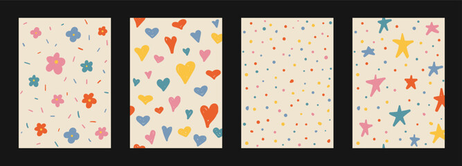 Wall Mural - abstract hand drawn y2k naive trendy patterns set. vector organic colorful doodle shapes backgrounds