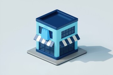 Poster - A 3D model of a blue store with a white awning and a shopping bag hanging outside.