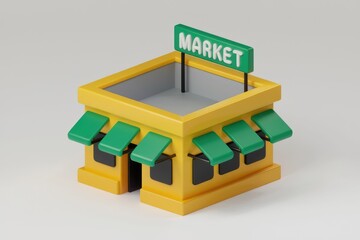 Poster - A 3D model of a yellow store with green awnings and a sign that says MARKET