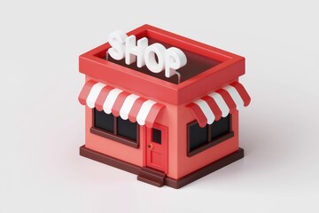 Poster - A 3D rendering of a simple red shop with white awning.